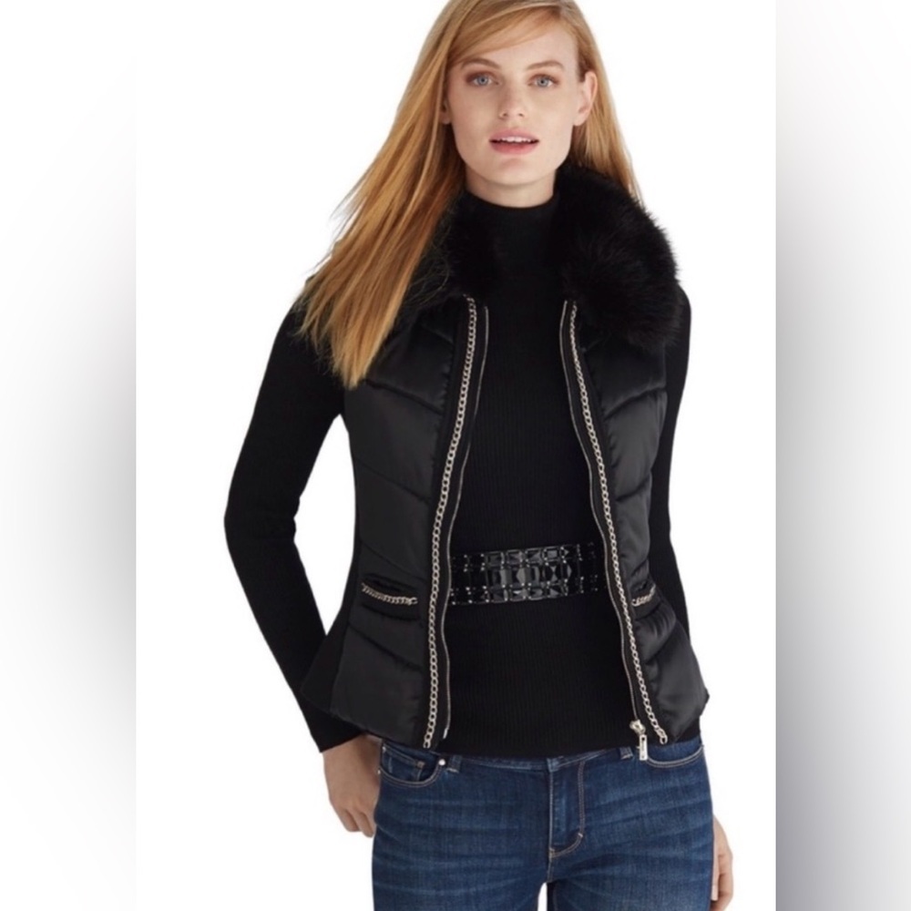White House Black Market Black Vest with Fur Collar